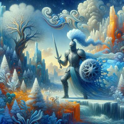 The primary subject of the image is a knight in a suit of armor, standing in a snowy landscape. The setting includes a mountainous background and a tree in the foreground. The visual style is a digital art or illustration, with a vibrant and colorful atmosphere. The knight is the main focus of the image, and the snowy environment adds a sense of coldness and adventure to the scene.